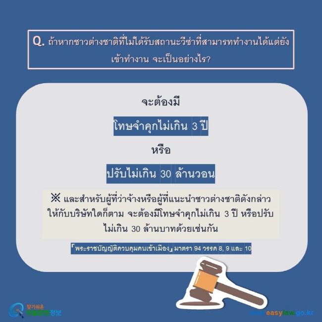 Q. ถ้าหากชาวต่างชาติที่ไม่ได้รับสถานะวีซ่าที่สามารททำงานได้แต่ยังเข้าทำงาน จะเป็นอย่างไร?  จะต้องมี  โทษจำคุกไม่เกิน 3 ปี หรือ ปรับไม่เกิน 30 ล้านวอน  ※ และสำหรับผู้ที่ว่าจ้างหรือผู้ที่แนะนำชาวต่างชาติดังกล่าวให้กับบริษัทใดก็ตาม จะต้องมีโทษจำคุกไม่เกิน 3 ปี หรือปรับไม่เกิน 30 ล้านบาทด้วยเช่นกัน 「พระราชบัญญัติควบคุมคนเข้าเมือง」 มาตรา 94 วรรค 8, 9 และ 10